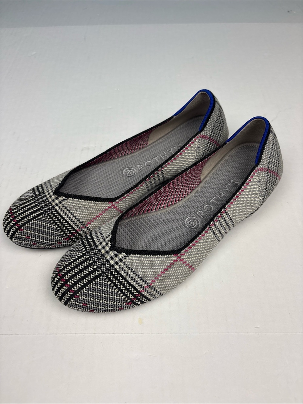 Rothys The Flat Women 9.5 Shoes Plaid Grey Glen Knit Ballet Black Red Comfort